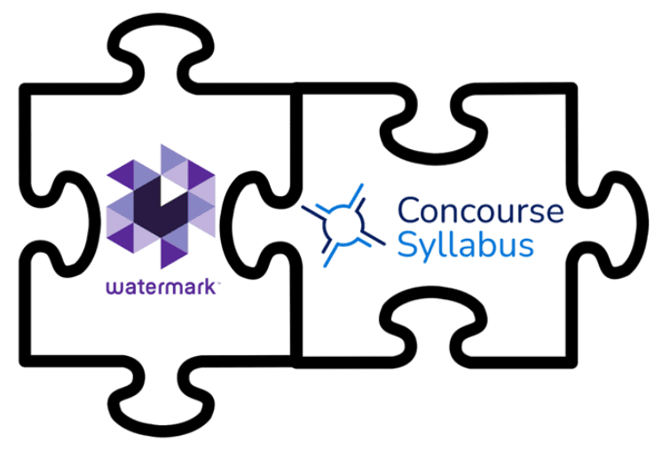 Two puzzle pieces that fit together. One has the Concourse Syllabus logo and the other has the Watermark Insights logo