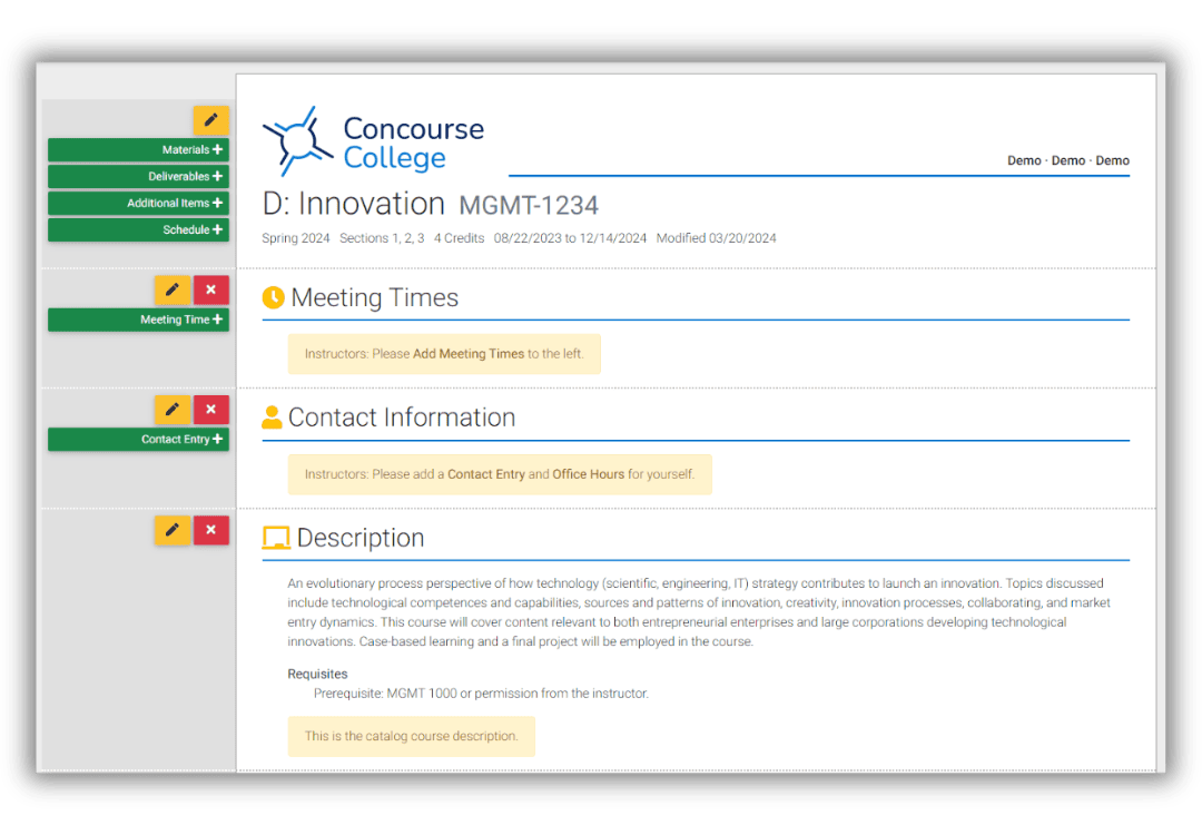 Screenshot of the Concourse Syllabus platform - demonstrating how to edit a syllabus